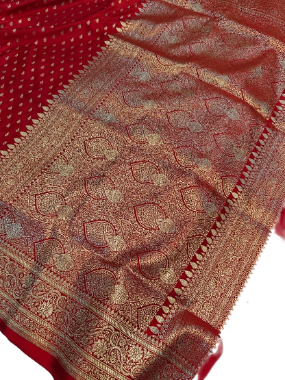 Bridal Red Banarasi Handloom Satin Silk Saree